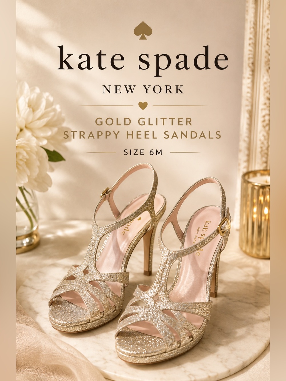 Kate Spade New York Gold Glitter Strappy High Heel Sandals Size 6M